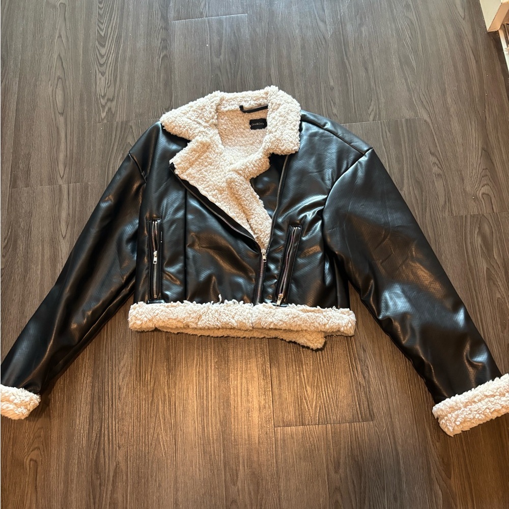 Black Faux Leather Jacket with Cream Sherpa Lining